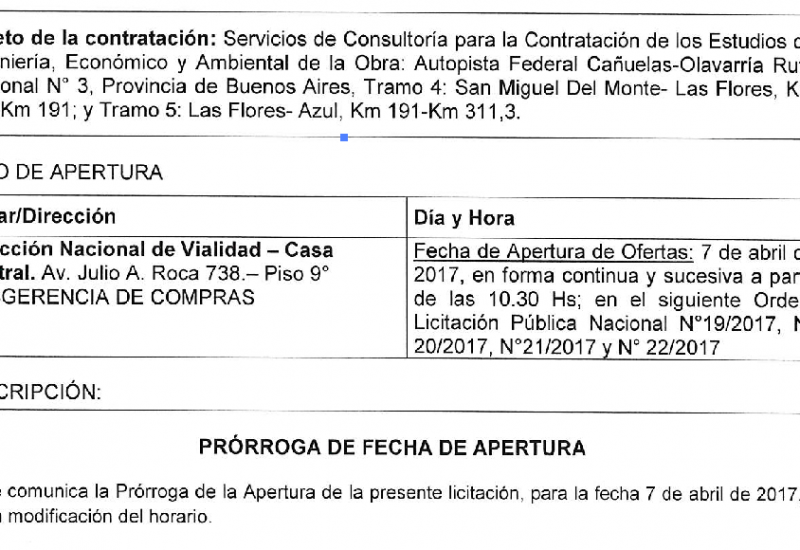 Prorrogaron la apertura de sobres por la licitación de los estudios de la Autovía en la Ruta 3